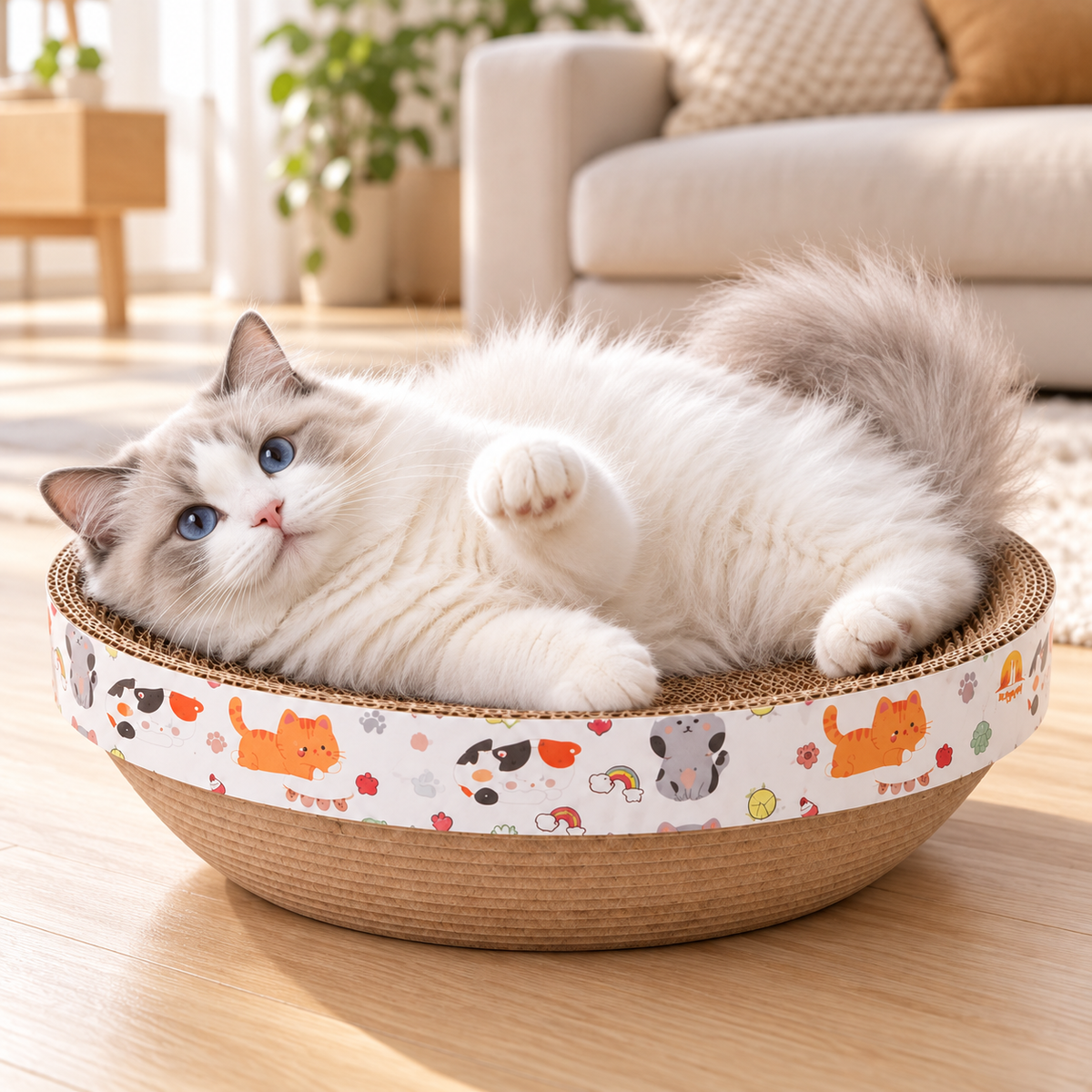All-in-One Round Corrugated Cardboard Cat Bed with Toy