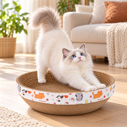 All-in-One Round Corrugated Cardboard Cat Bed with Toy