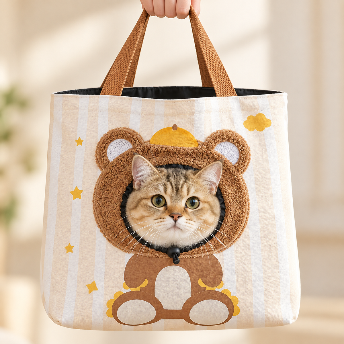 Breathable Canvas Pet Carrier Bag with Cartoon Print – Crossbody & Handheld