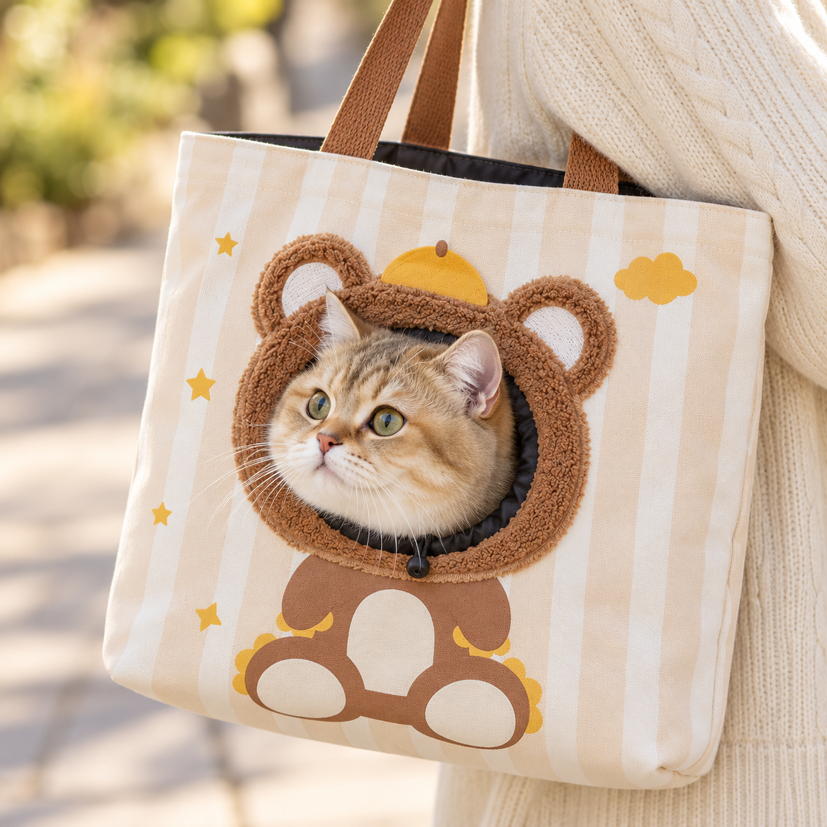 Breathable Canvas Pet Carrier Bag with Cartoon Print – Crossbody & Handheld