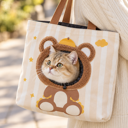 Breathable Canvas Pet Carrier Bag with Cartoon Print – Crossbody & Handheld